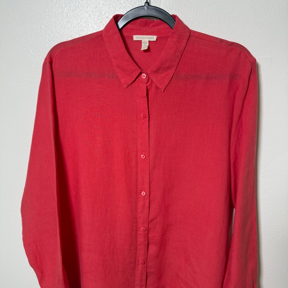 Eileen Fisher Womens Medium Coral Red Linen Button Down Long Sleeve Shirt Tunic - Picture 2 of 16
